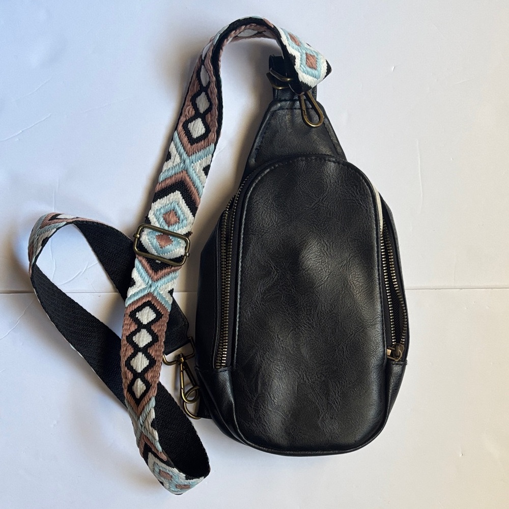Black Leather Unisex Travel Bag | Crossbody Boho Strap | Multi Compartment Pack